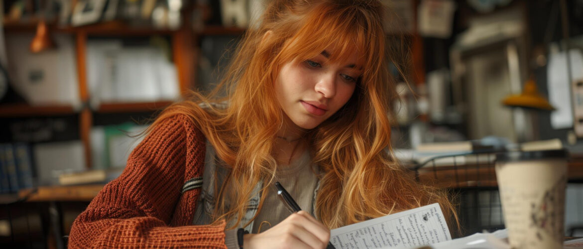 Young Woman Creates Detailed Mind Map for Essay in Coffee Shop