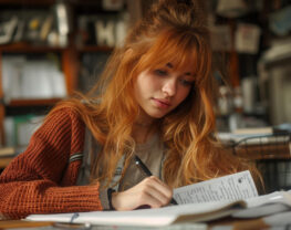 Young Woman Creates Detailed Mind Map for Essay in Coffee Shop