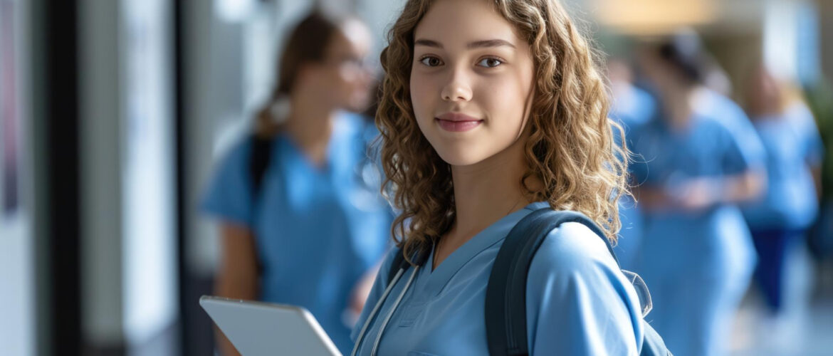 Young Female Healthcare Student In Blue Scrubs Holding A Tablet With A Stethoscope Around Her Neck Standing In A Hospital Corridor With Other Healthcare Workers In The Background