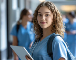 Young Female Healthcare Student In Blue Scrubs Holding A Tablet With A Stethoscope Around Her Neck Standing In A Hospital Corridor With Other Healthcare Workers In The Background